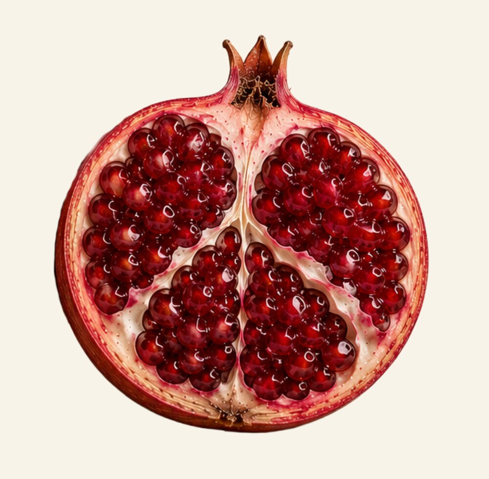 Aufgeschnittener Granatapfel mit leuchtenden Kernen