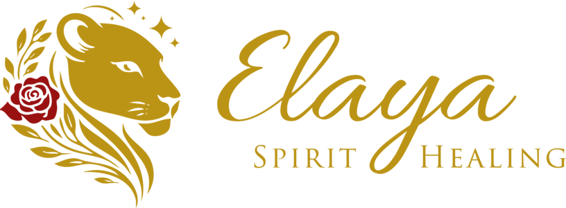 Elaya Spirit Healing Logo mit Löwin, Rose und Federn